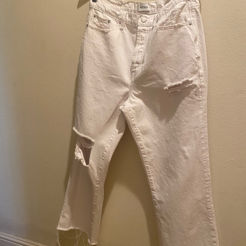 pistola White Distressed Boyfriend Jeans with Frayed Hem